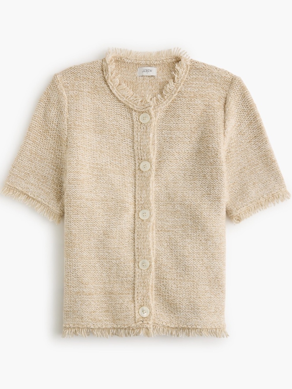 J. Crew Factory Beige Fringe-Trim Short-Sleeve Knit Cardigan